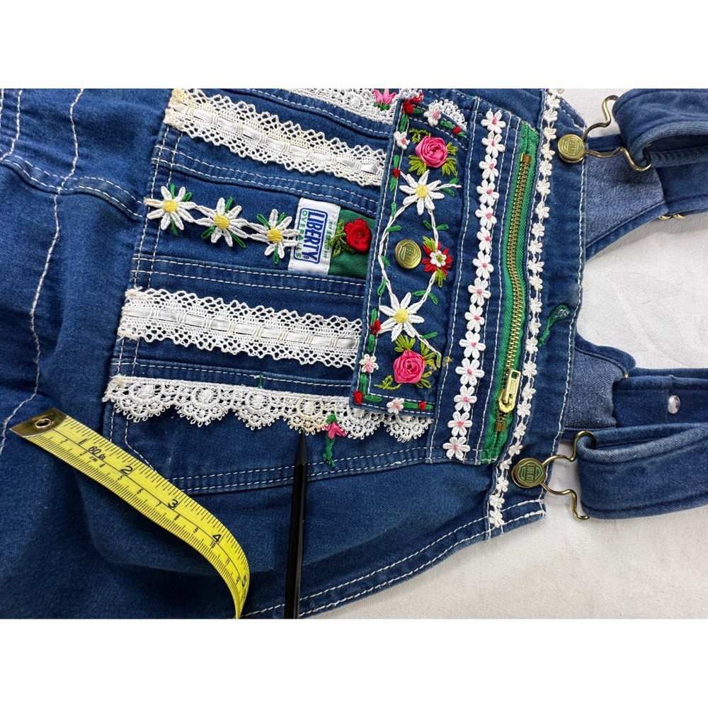 Liberty Overalls Vintage Denim Floral Embroidery Lace Trim Carpenter Blue L/XL - Picture 12 of 16